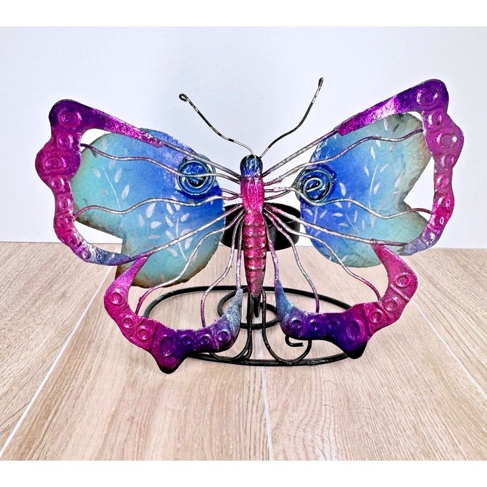 Metal Butterfly Candle Holder Stained Glass Wings Tealight Stand Decor Whimsical